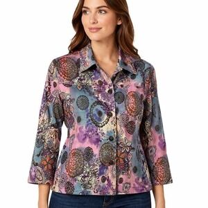 Mirror Image Jacket Women Large Multicolor Paisley Mandala Art to Wear Boho 3/4